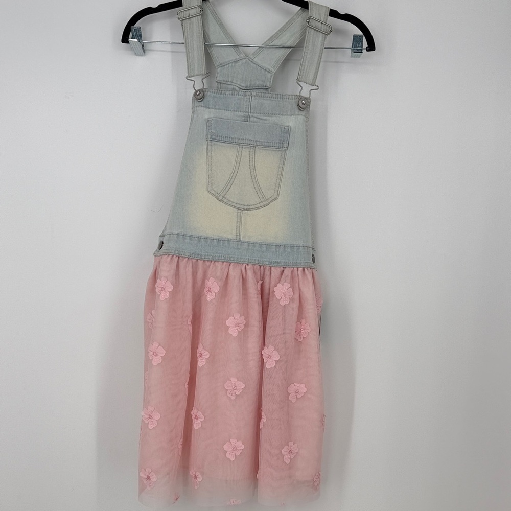Jordache Denim Overall Dress with Pink Floral Tulle Skirt 14/16 nwt